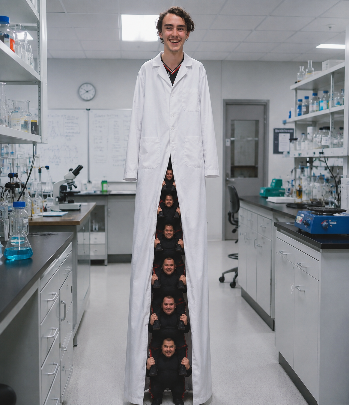 Pat as one very tall chemist, definitely not several men stacked inside a lab coat